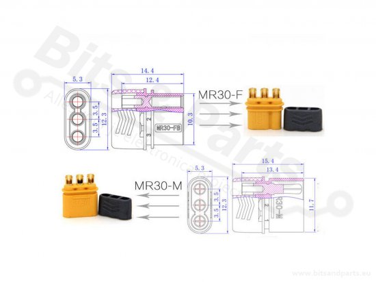 Voedingsconnectors MR30 male+female 15A 3pins